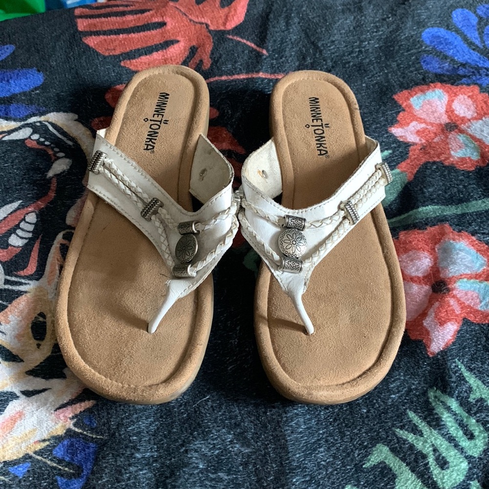 Tan and white sandals